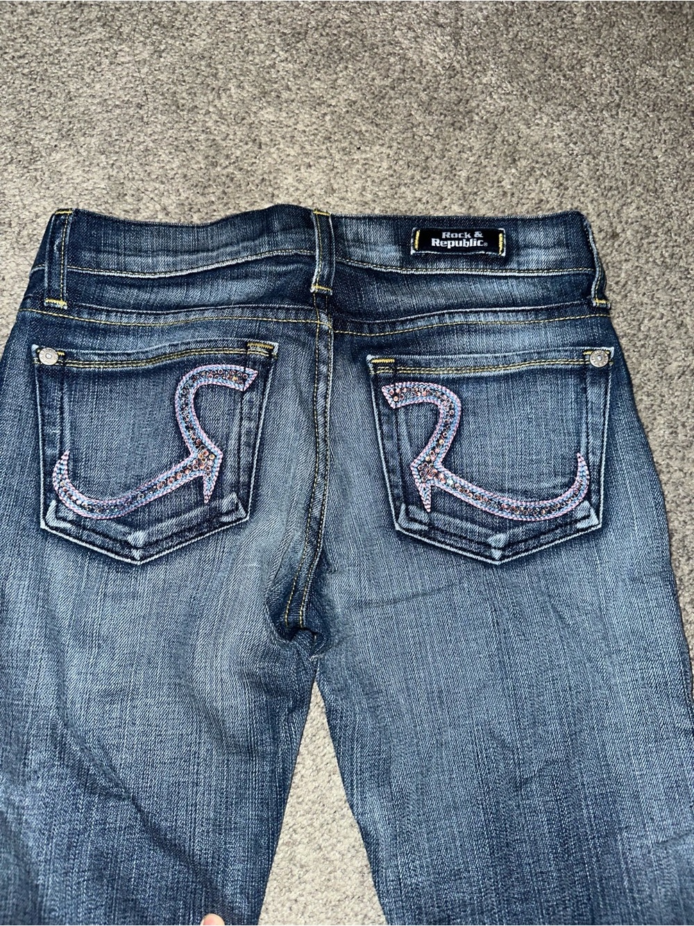 Rock & Republic Women’s Blue Low Rise Flare Jeans with Embellished Back Pockets